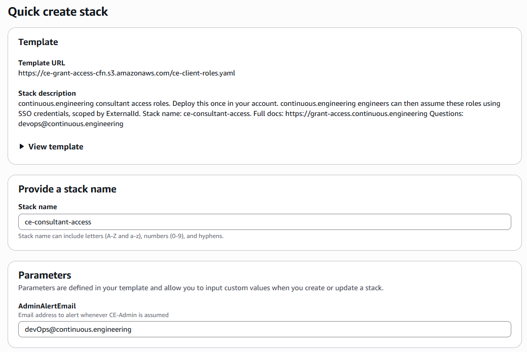 CloudFormation Quick create stack, pre-filled with the CE template and stack name